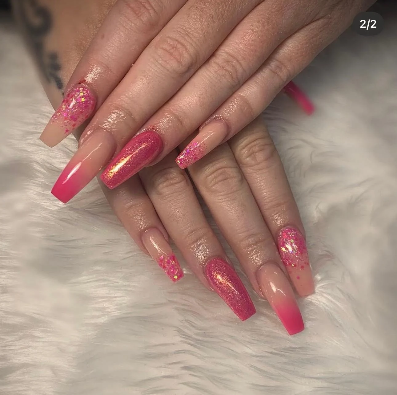Pink ombré coffin acrylic nails with glitter by Nailed by Ellie